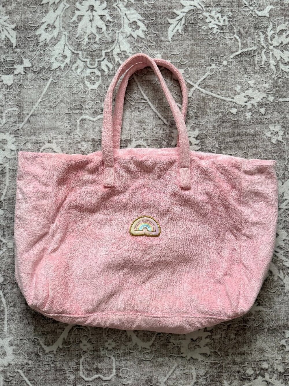 Stoney Clover Lane Pink Terry Cloth Tote Bag Sewn Rainbow Barbie Patch